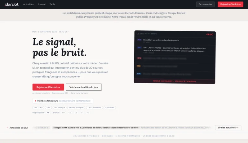 Page d’accueil de Clardot, brief quotidien d’intelligence économique